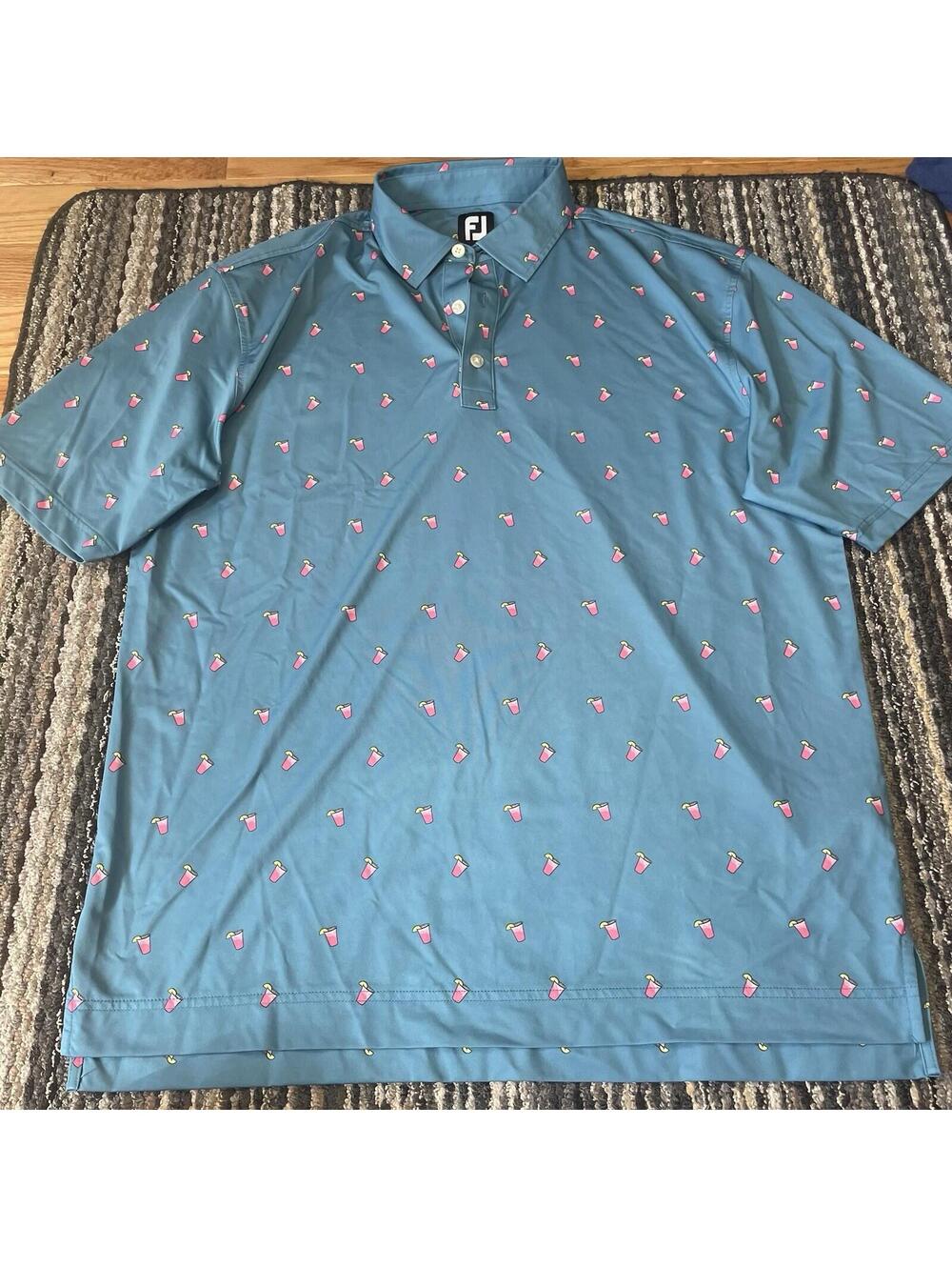 FootJoy Polo Shirt Mens XL Blue Cocktail Drinks Print AOP Performance Golf